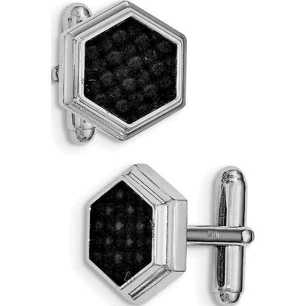 925 Sterling Silver Mens Hexagon Black Carbon Fiber Cuff Links 